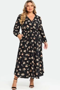 Floral Print Pocket Lantern Sleeve Wrap Maxi Dress