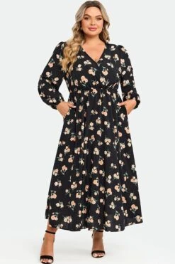 Floral Print Pocket Lantern Sleeve Wrap Maxi Dress -Sandy Bikinis Shop c sdbc008004 4