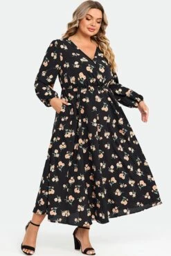 Floral Print Pocket Lantern Sleeve Wrap Maxi Dress -Sandy Bikinis Shop c sdbc008004 5
