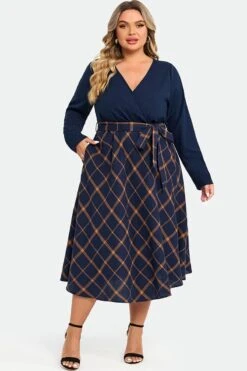 V-Neck Plaid Patchwork Belt Pocket Maxi Dress -Sandy Bikinis Shop c sdbc009002 3