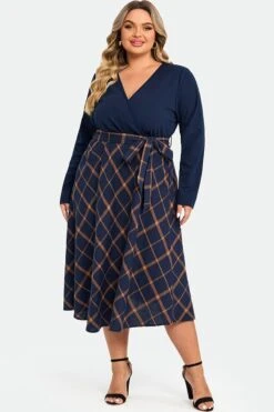 V-Neck Plaid Patchwork Belt Pocket Maxi Dress -Sandy Bikinis Shop c sdbc009002 4