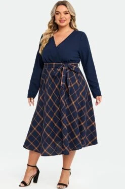 V-Neck Plaid Patchwork Belt Pocket Maxi Dress -Sandy Bikinis Shop c sdbc009002 5