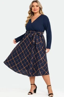 V-Neck Plaid Patchwork Belt Pocket Maxi Dress -Sandy Bikinis Shop c sdbc009002 6