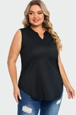 Solid Black Hem Sleeveless Notched V Neck Tank Top -Sandy Bikinis Shop c top004001 5