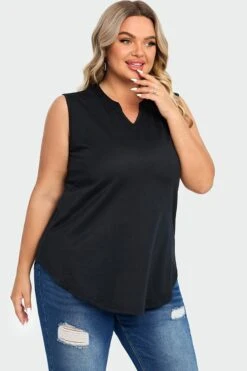 Solid Black Hem Sleeveless Notched V Neck Tank Top -Sandy Bikinis Shop c top004001 6