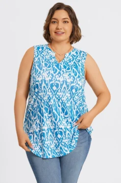 Blue ＆ White Hem Sleeveless Notched V Neck Tank Top -Sandy Bikinis Shop c top004002 3