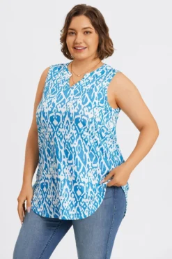 Blue ＆ White Hem Sleeveless Notched V Neck Tank Top -Sandy Bikinis Shop c top004002 5