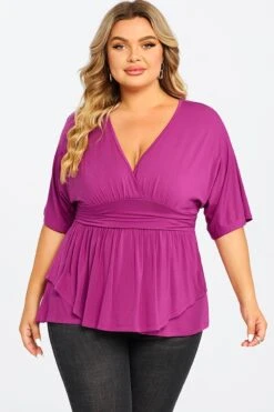 Purple Ruffle Shirring Short Sleeve V Neck Top