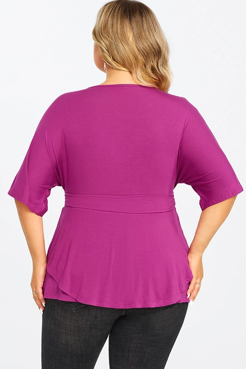 Purple Ruffle Shirring Short Sleeve V Neck Top 2 Purple Ruffle Shirring Short Sleeve V Neck Top - Image 2