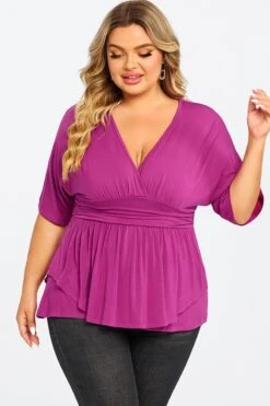 Purple Ruffle Shirring Short Sleeve V Neck Top 8 Purple Ruffle Shirring Short Sleeve V Neck Top -Sandy Bikinis Shop c top008001 3