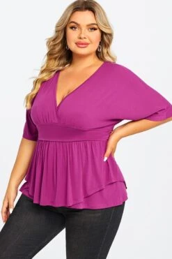 Purple Ruffle Shirring Short Sleeve V Neck Top 9 Purple Ruffle Shirring Short Sleeve V Neck Top -Sandy Bikinis Shop c top008001 4