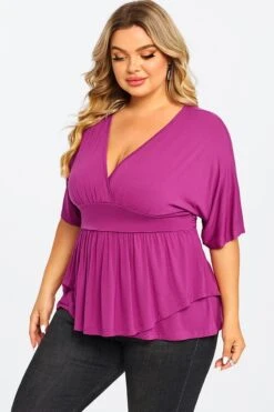 Purple Ruffle Shirring Short Sleeve V Neck Top 10 Purple Ruffle Shirring Short Sleeve V Neck Top -Sandy Bikinis Shop c top008001 5