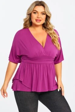 Purple Ruffle Shirring Short Sleeve V Neck Top 11 Purple Ruffle Shirring Short Sleeve V Neck Top -Sandy Bikinis Shop c top008001 6