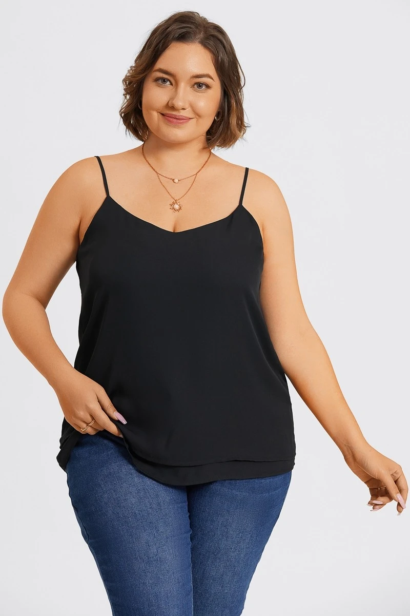 Plus Size V-Neck Black Chiffon Swing Cami Top 4 Plus Size V-Neck Black Chiffon Swing Cami Top - Image 4