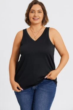 Plus Size Black V-Neck Stitch Detail Tank