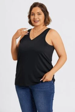 Plus Size Black V-Neck Stitch Detail Tank -Sandy Bikinis Shop c topbc023001 3