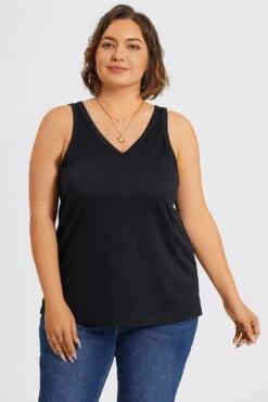 Plus Size Black V-Neck Stitch Detail Tank -Sandy Bikinis Shop c topbc023001 6
