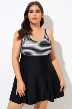 Black & White Stripe Elastic Adjustable Straps Swimdress