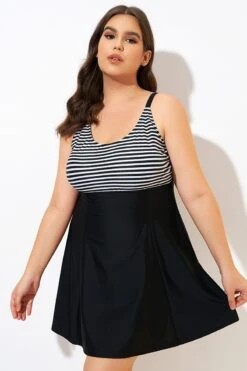 Black & White Stripe Elastic Adjustable Straps Swimdress -Sandy Bikinis Shop dsc00461