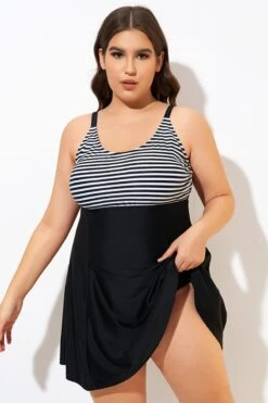 Black & White Stripe Elastic Adjustable Straps Swimdress -Sandy Bikinis Shop dsc00469