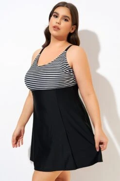 Black & White Stripe Elastic Adjustable Straps Swimdress -Sandy Bikinis Shop dsc00485
