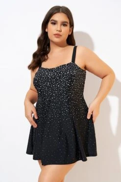 Black White Dot Square Neckline Adjustable Straps Swimdress -Sandy Bikinis Shop dsc00688