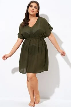 Dark Green V Neck Elastic Waisted Cover Up -Sandy Bikinis Shop dsc00789