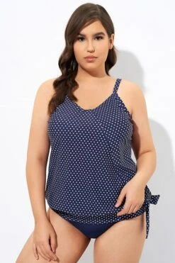 Navy Pindot Women Side Tie Round Neck Tankini Top -Sandy Bikinis Shop dsc07014