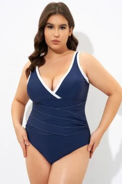 Blue Twist Front Plunge White Trim One Piece Swimsuit -Sandy Bikinis Shop dsc07367
