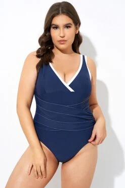 Blue Twist Front Plunge White Trim One Piece Swimsuit -Sandy Bikinis Shop dsc07396