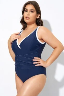 Blue Twist Front Plunge White Trim One Piece Swimsuit -Sandy Bikinis Shop dsc07431