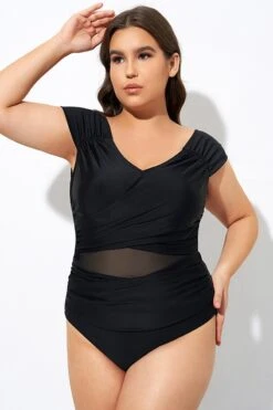 Black Mesh Cap Sleeve Cut Out One Piece Swimsuit -Sandy Bikinis Shop dsc07685