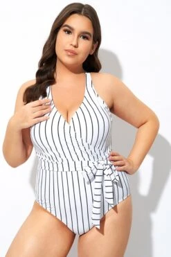 Stripe Print Tie Front Center One Piece Swimsuit -Sandy Bikinis Shop dsc07907