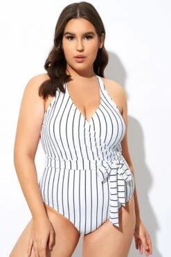 Stripe Print Tie Front Center One Piece Swimsuit -Sandy Bikinis Shop dsc07908