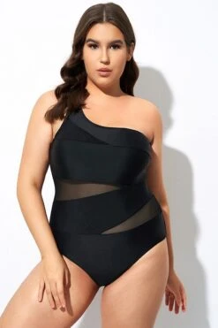 Black Mesh Sexy One Shoulder One Piece Swimsuit -Sandy Bikinis Shop dsc07964