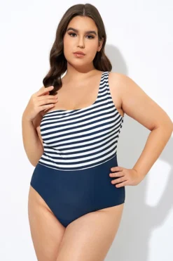 Blue And White Stripe One Shoulder One Piece Swimsuit -Sandy Bikinis Shop dsc08087
