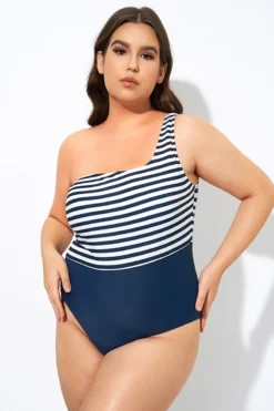 Blue And White Stripe One Shoulder One Piece Swimsuit -Sandy Bikinis Shop dsc08098