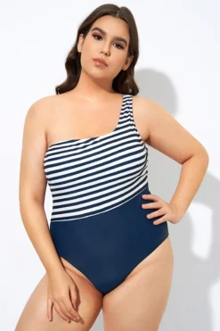 Blue And White Stripe One Shoulder One Piece Swimsuit -Sandy Bikinis Shop dsc08103