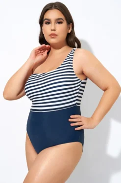 Blue And White Stripe One Shoulder One Piece Swimsuit -Sandy Bikinis Shop dsc08107
