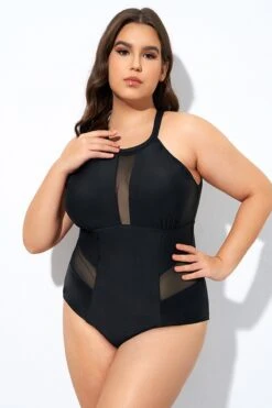 Black High Neck Plunge Mesh Cutout One Piece Swimsuit -Sandy Bikinis Shop dsc08127