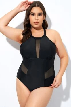 Black High Neck Plunge Mesh Cutout One Piece Swimsuit