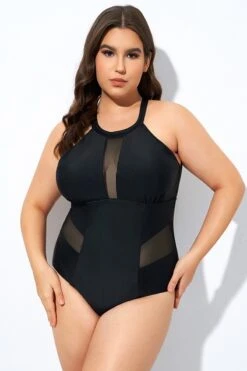 Black High Neck Plunge Mesh Cutout One Piece Swimsuit -Sandy Bikinis Shop dsc08132