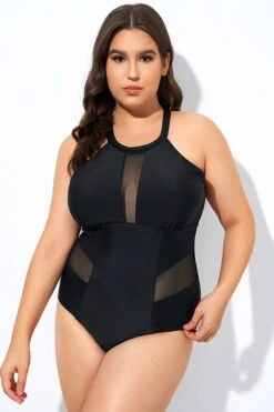 Black High Neck Plunge Mesh Cutout One Piece Swimsuit -Sandy Bikinis Shop dsc08137