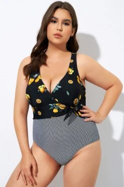 Lemon Stripes Print Front Lining One Piece Swimsuit -Sandy Bikinis Shop dsc08241