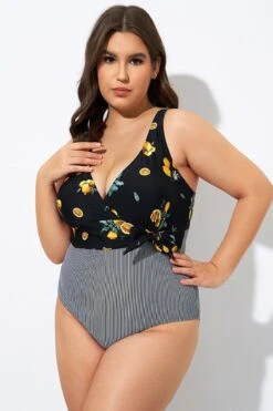 Lemon Stripes Print Front Lining One Piece Swimsuit -Sandy Bikinis Shop dsc08257