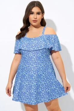 Pretty Ditsy Prints Off-the-Shoulder Swimdress