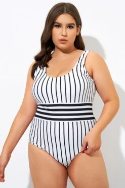 Black & White Stripe Women One Piece Swimsuit -Sandy Bikinis Shop dsc09124