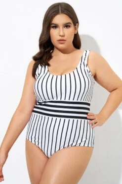 Black & White Stripe Women One Piece Swimsuit -Sandy Bikinis Shop dsc09125