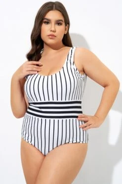 Black & White Stripe Women One Piece Swimsuit -Sandy Bikinis Shop dsc09127