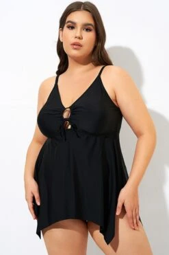 Black Front Tie Flowy Cross Back Tankini Top -Sandy Bikinis Shop dsc09509